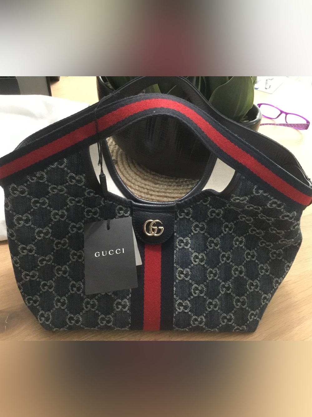 Gucci Navy Denim GG Canvas Tote with Red and Blue Web Stripe size small